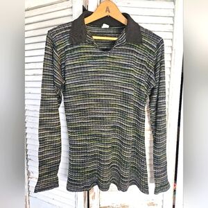Vintage 70s Ribbed Space Dye Sweater Green, Brown, White XS